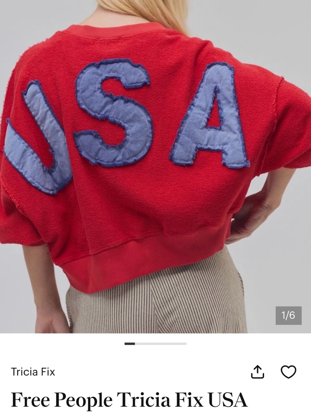 Free People Red Short Sweatshirt with Blue USA Appliqué